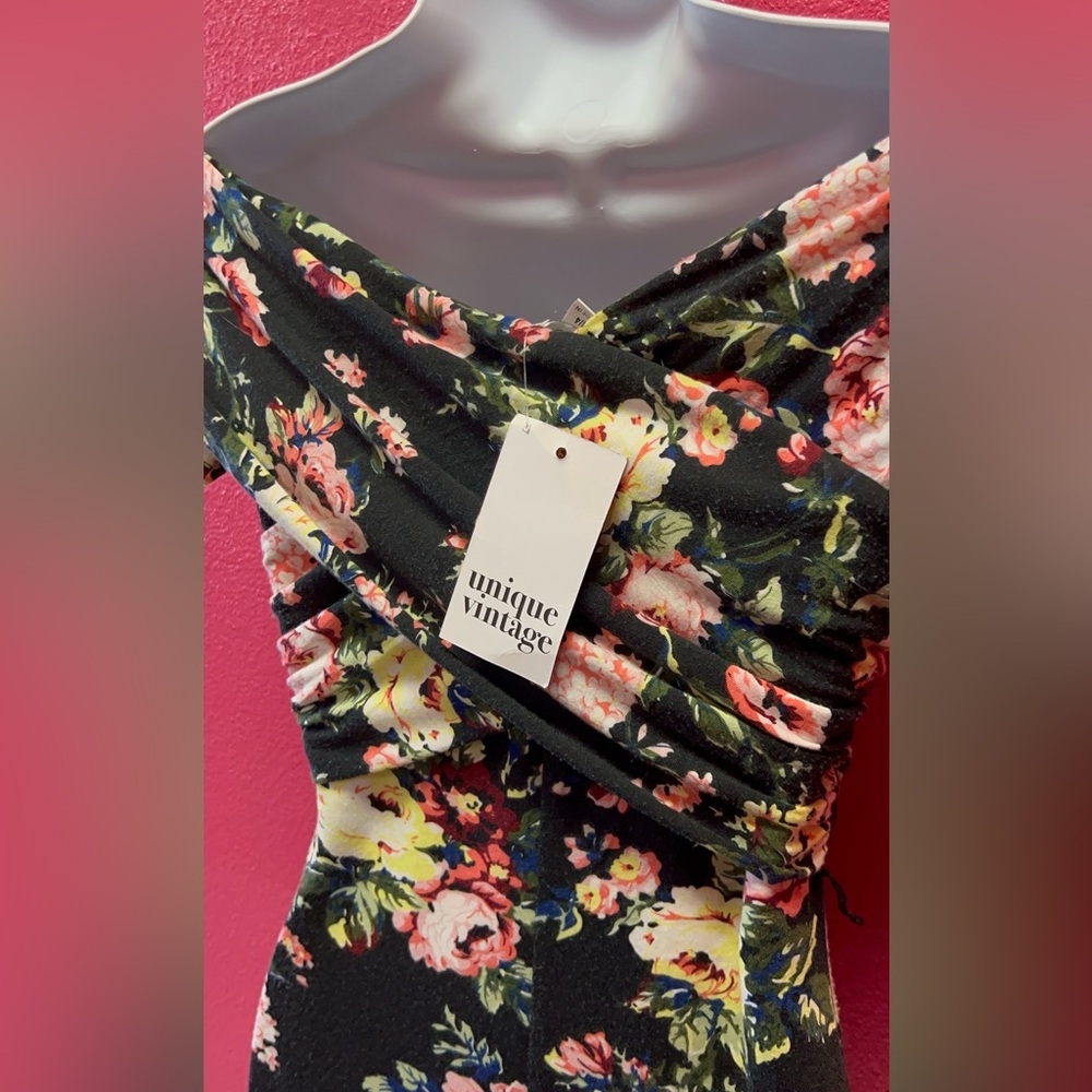 Unique Vintage Black Floral Midi Dress - Picture 4 of 5
